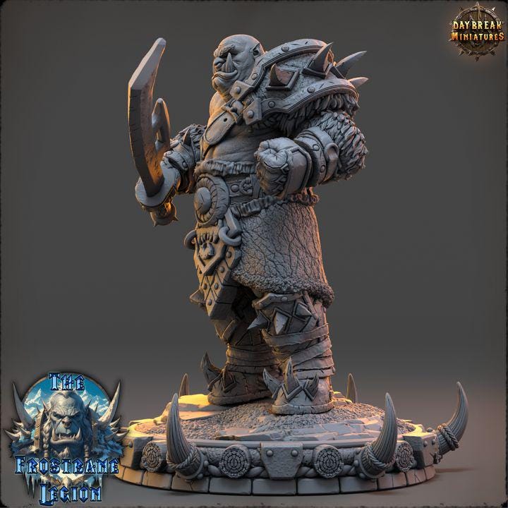 Orc Fighter, Mournak Ironblood, Frostbane Legion Frost Orcs - 32mm Scale - Unpainted Miniature for DnD, Pathfinder, Tabletop RPGs