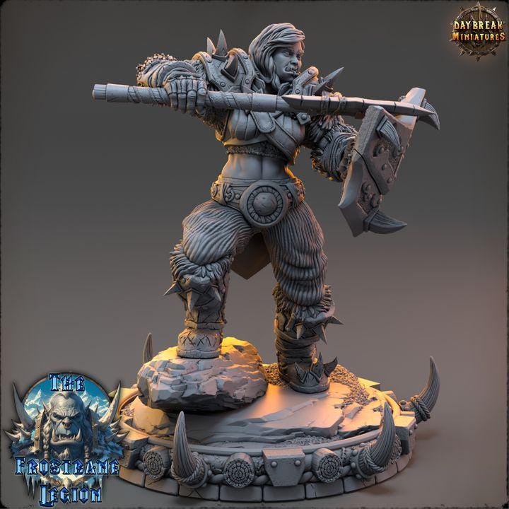 Female Orc, Kaelra Frostvein, Frostbane Legion Frost Orcs - 32mm Scale - Unpainted Miniature for DnD, Pathfinder, Tabletop RPGs