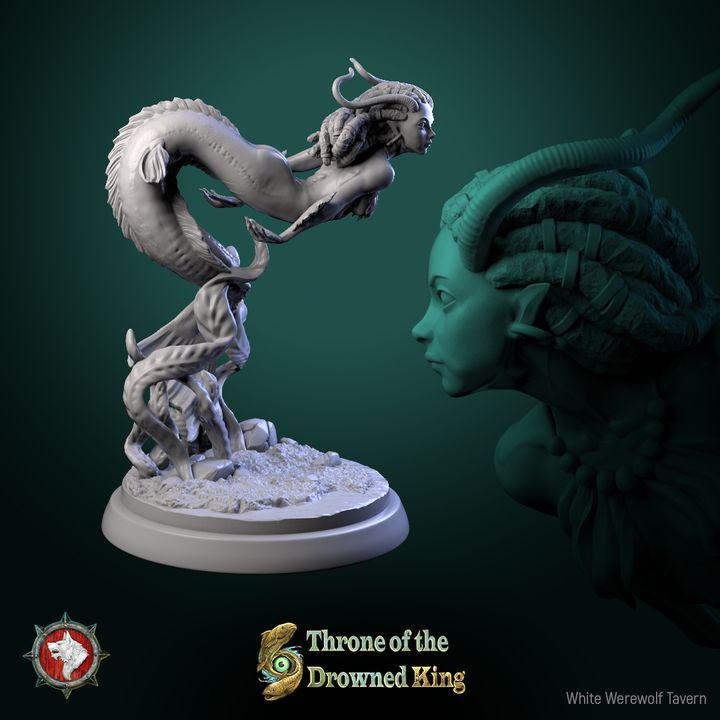 Swamp Mermaid, Brackwater Siren - 32mm, 75mm Scale - Unpainted Miniature for DnD, Pathfinder, Tabletop RPGs - White Werewolf Tavern