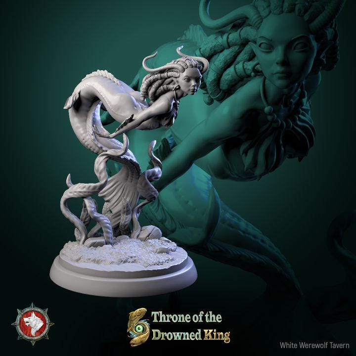 Swamp Mermaid, Brackwater Siren - 32mm, 75mm Scale - Unpainted Miniature for DnD, Pathfinder, Tabletop RPGs - White Werewolf Tavern