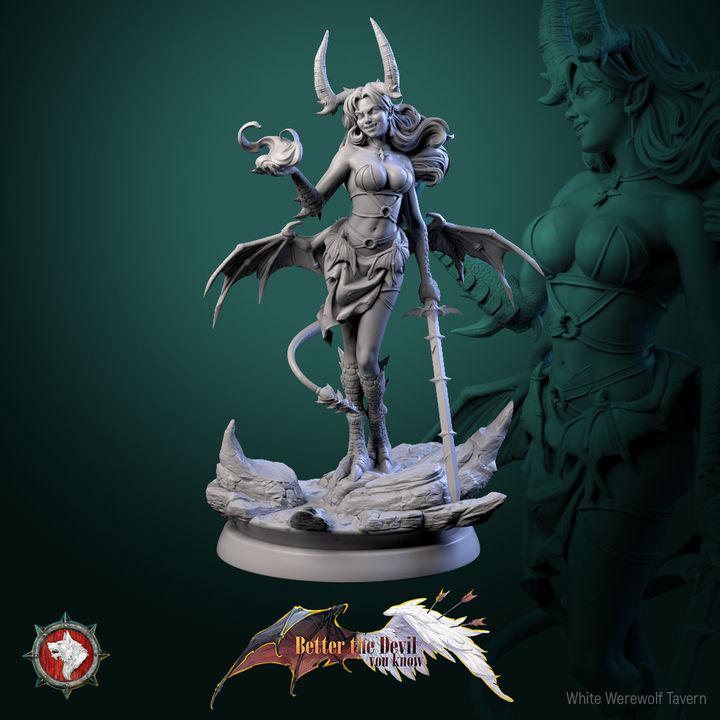 Darkheart Dame, Female Devil - 75mm Scale - Unpainted Miniature for DnD, Pathfinder, Tabletop RPGs - White Werewolf Tavern