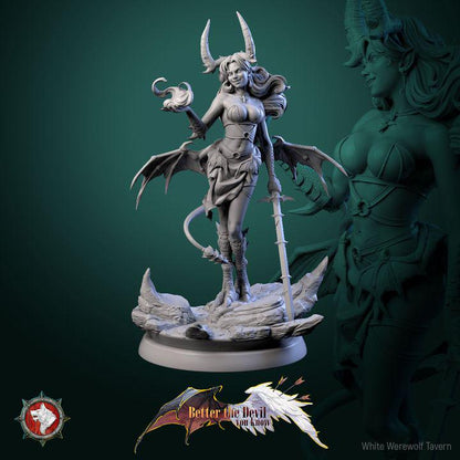 Darkheart Dame, Female Devil - 75mm Scale - Unpainted Miniature for DnD, Pathfinder, Tabletop RPGs - White Werewolf Tavern