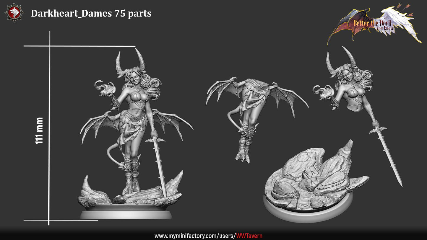 Darkheart Dame, Female Devil - 75mm Scale - Unpainted Miniature for DnD, Pathfinder, Tabletop RPGs - White Werewolf Tavern