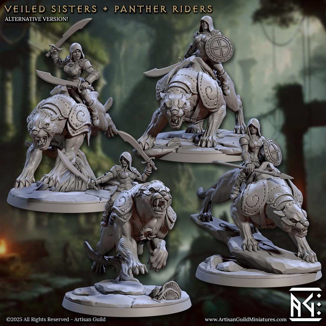 Panther Riders - 4 Poses - Veiled Sisterhood - 28mm, 32mm Scale - Unpainted Miniature for DnD, Pathfinder, Tabletop RPGs - Artisan Guild