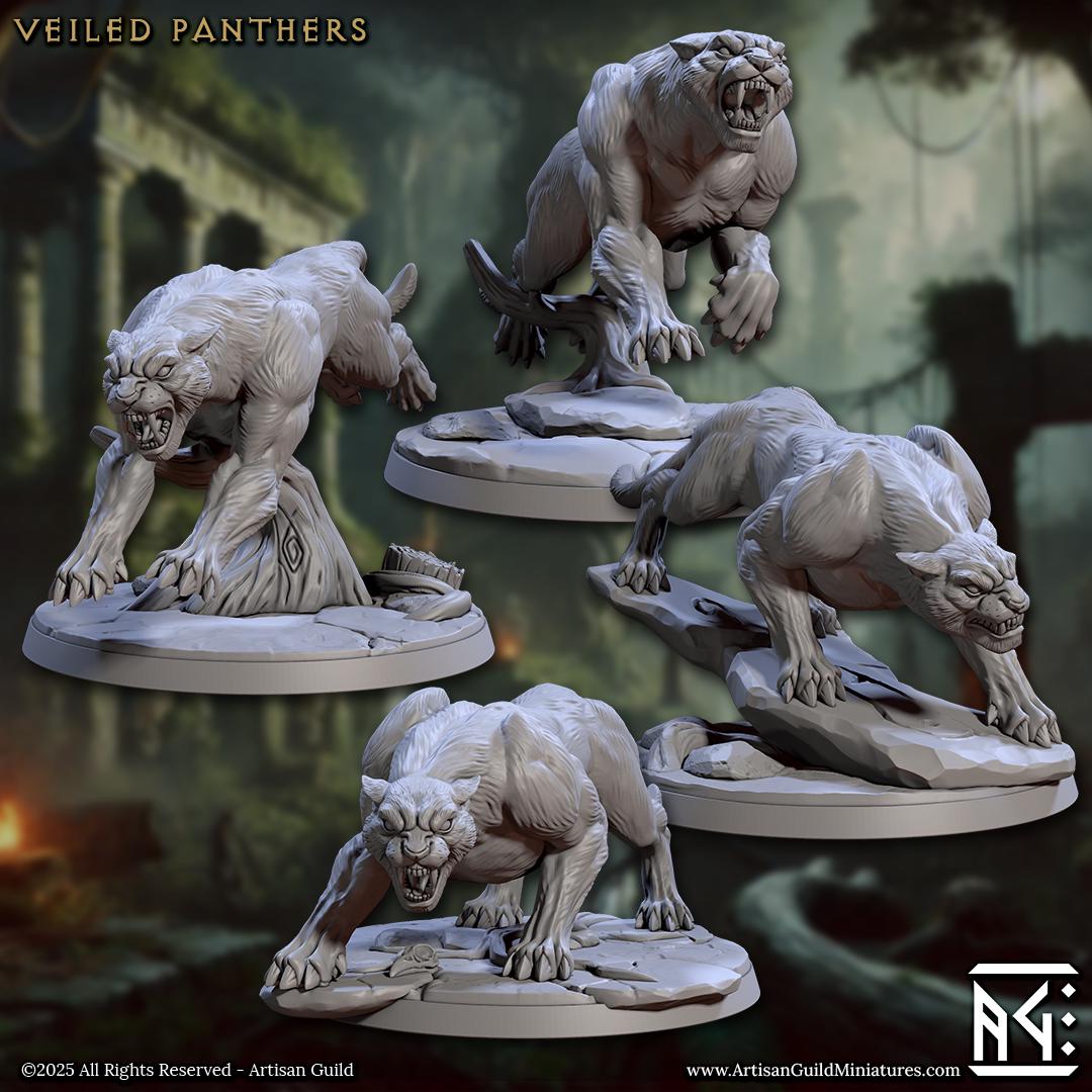 Panther Riders - 4 Poses - Veiled Sisterhood - 28mm, 32mm Scale - Unpainted Miniature for DnD, Pathfinder, Tabletop RPGs - Artisan Guild