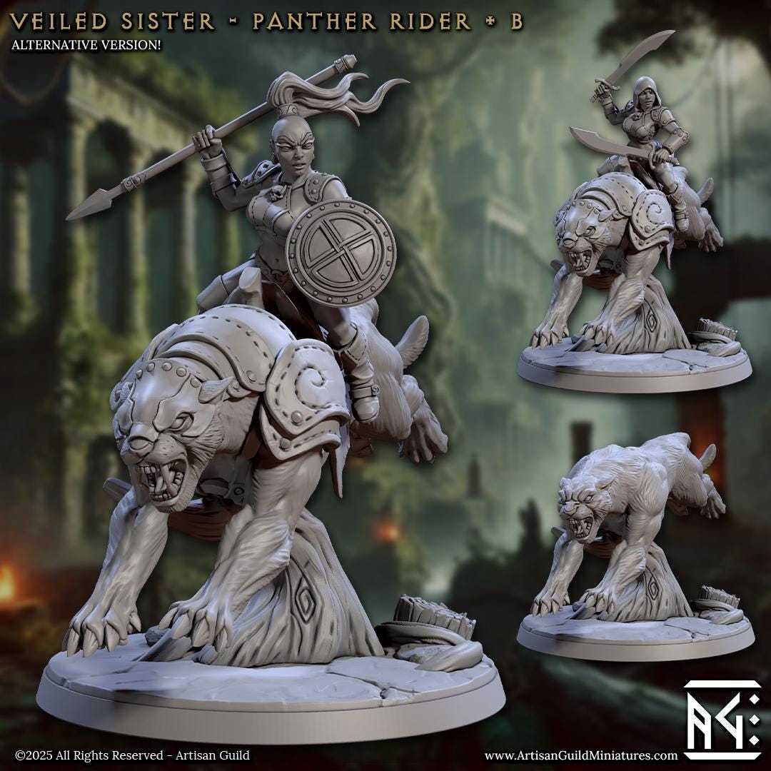 Panther Riders - 4 Poses - Veiled Sisterhood - 28mm, 32mm Scale - Unpainted Miniature for DnD, Pathfinder, Tabletop RPGs - Artisan Guild