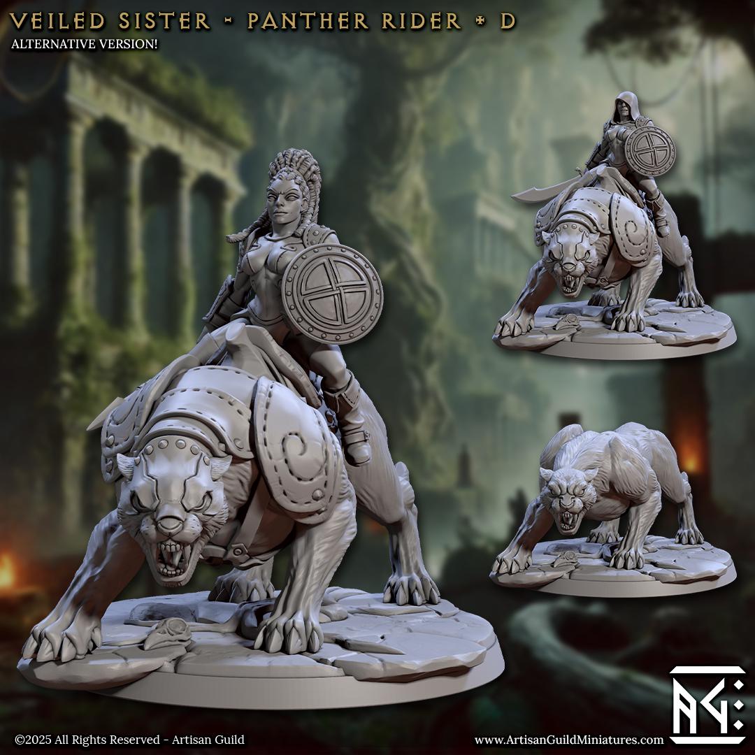 Panther Riders - 4 Poses - Veiled Sisterhood - 28mm, 32mm Scale - Unpainted Miniature for DnD, Pathfinder, Tabletop RPGs - Artisan Guild