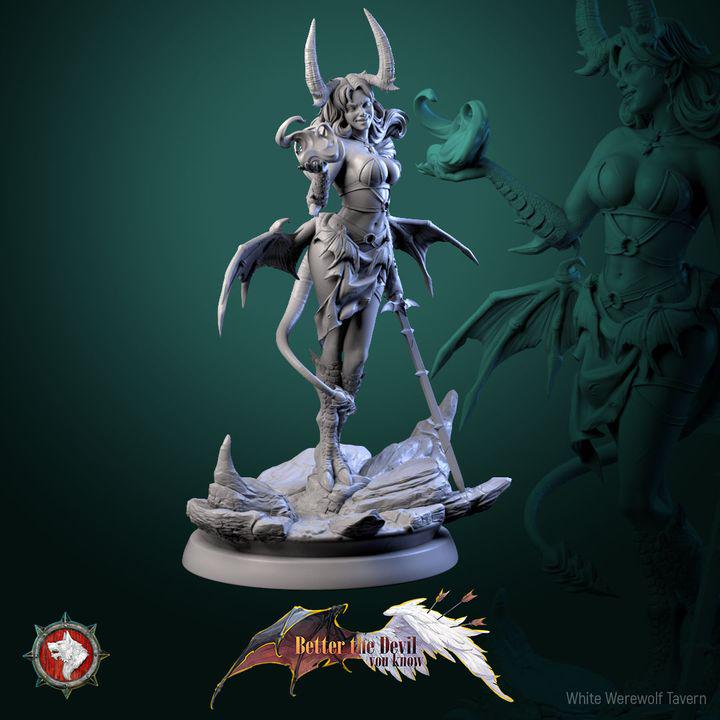 Darkheart Dame, Female Devil - 75mm Scale - Unpainted Miniature for DnD, Pathfinder, Tabletop RPGs - White Werewolf Tavern