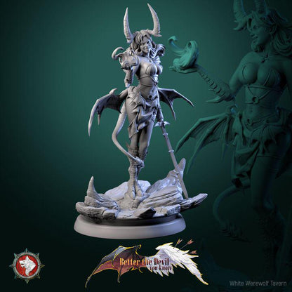 Darkheart Dame, Female Devil - 75mm Scale - Unpainted Miniature for DnD, Pathfinder, Tabletop RPGs - White Werewolf Tavern