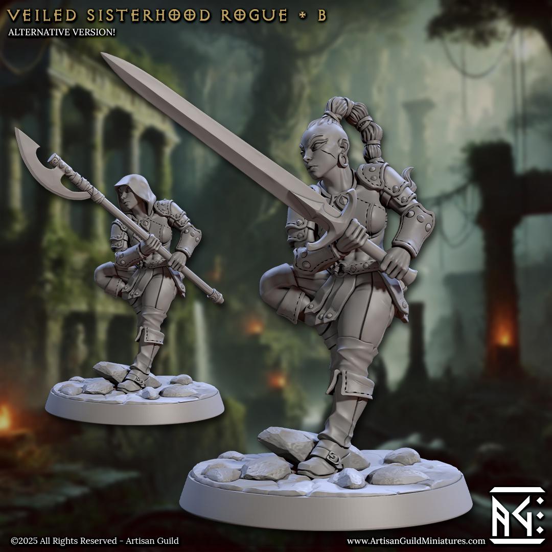Sisterhood Fighter, Pose B, Veiled Sisterhood Set - 32mm Scale - Unpainted Miniature for DnD, Pathfinder, Tabletop RPGs - Artisan Guild