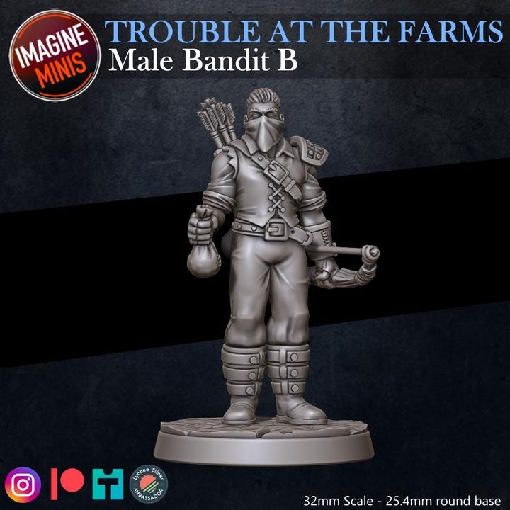 Masked Male Bandit, Pose B - Trouble At Farms Set - 32mm Scale - Unpainted Miniature for DnD, Pathfinder, Tabletop RPGs - Imagine Minis