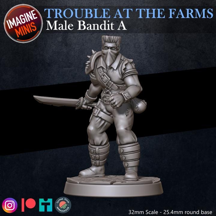 Masked Male Bandit, Pose A - Trouble At Farms Set - 32mm Scale - Unpainted Miniature for DnD, Pathfinder, Tabletop RPGs - Imagine Minis