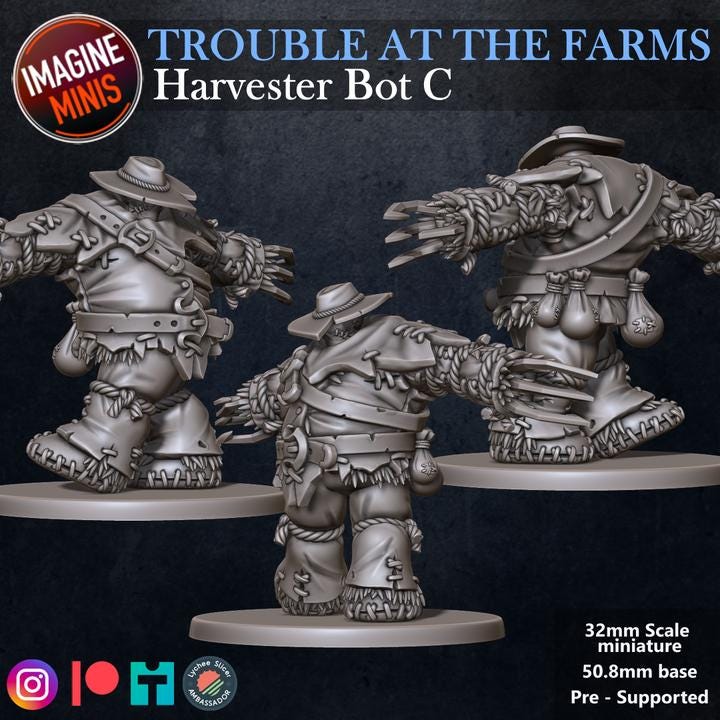 Harvester Bots, 4 Poses - Trouble at Farms Set - 32mm - Unpainted Miniature for DnD, Pathfinder, Tabletop RPGs - Imagine Minis