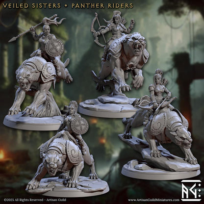 Panther Riders - 4 Poses - Veiled Sisterhood - 28mm, 32mm Scale - Unpainted Miniature for DnD, Pathfinder, Tabletop RPGs - Artisan Guild