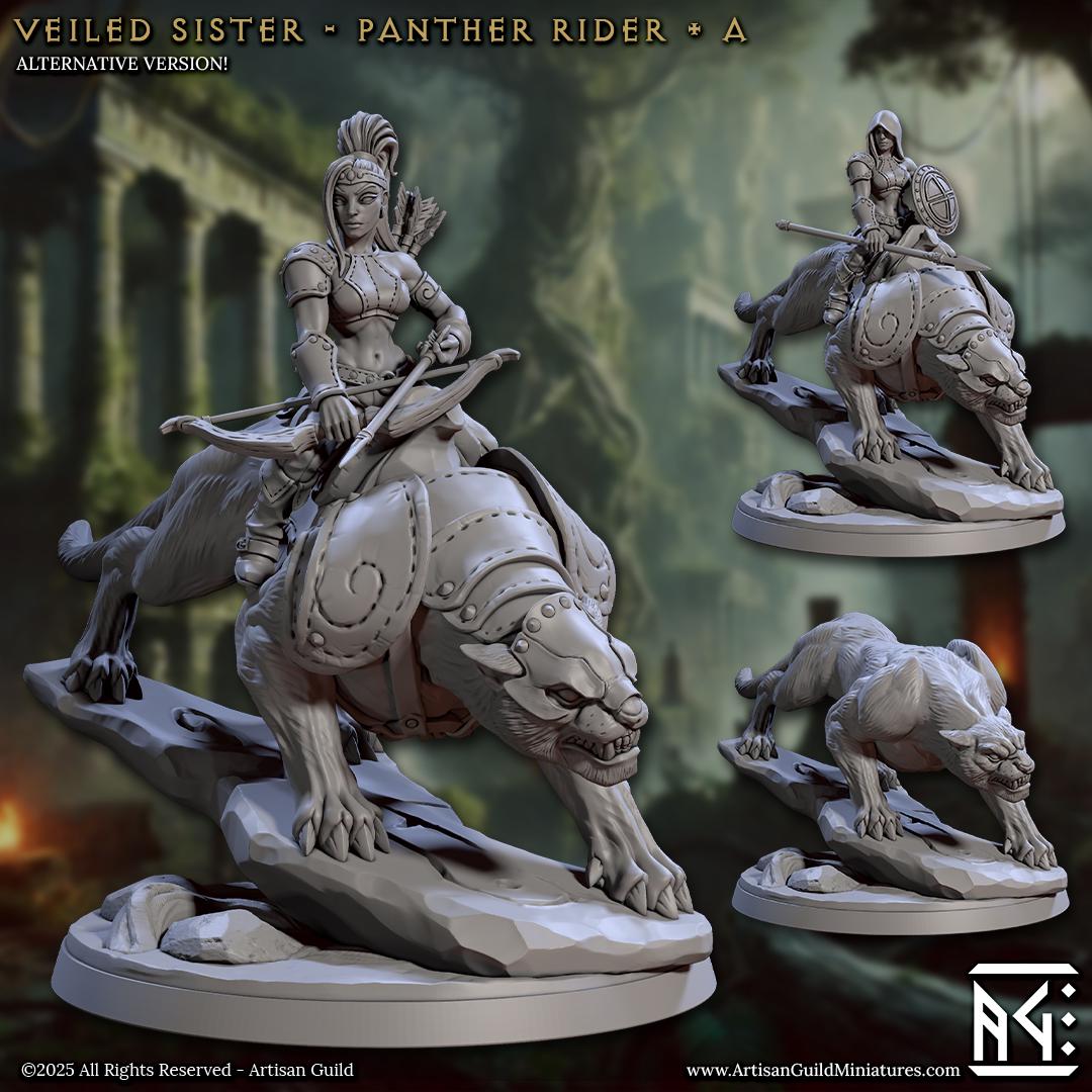 Panther Riders - 4 Poses - Veiled Sisterhood - 28mm, 32mm Scale - Unpainted Miniature for DnD, Pathfinder, Tabletop RPGs - Artisan Guild