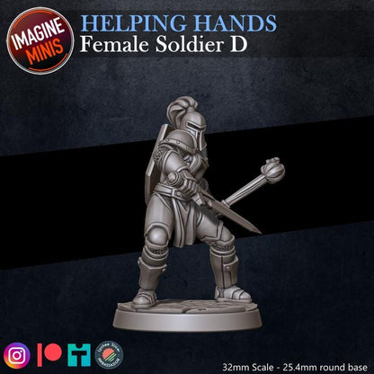 Female Soldier, Pose D - Helping Hands Set - 32mm Scale - Unpainted Miniature for DnD, Pathfinder, Tabletop RPGs - Imagine Minis