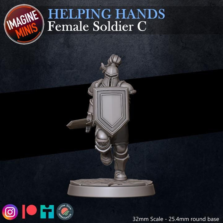 Female Soldier, Pose C - Helping Hands Set - 32mm Scale - Unpainted Miniature for DnD, Pathfinder, Tabletop RPGs - Imagine Minis
