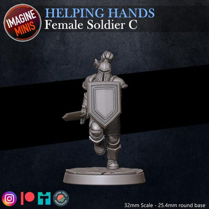 Female Soldier, Pose C - Helping Hands Set - 32mm Scale - Unpainted Miniature for DnD, Pathfinder, Tabletop RPGs - Imagine Minis