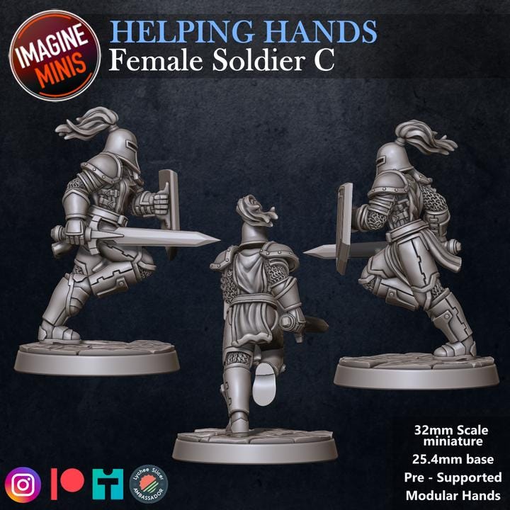 Female Soldier, Pose C - Helping Hands Set - 32mm Scale - Unpainted Miniature for DnD, Pathfinder, Tabletop RPGs - Imagine Minis