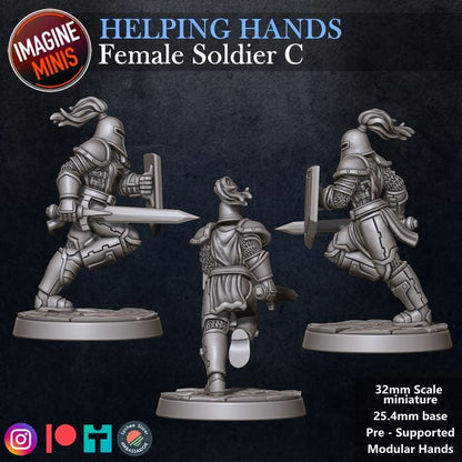 Female Soldier, Pose C - Helping Hands Set - 32mm Scale - Unpainted Miniature for DnD, Pathfinder, Tabletop RPGs - Imagine Minis