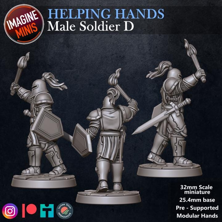 Male Soldier, Pose D - Helping Hands Set - 32mm Scale - Unpainted Miniature for DnD, Pathfinder, Tabletop RPGs - Imagine Minis