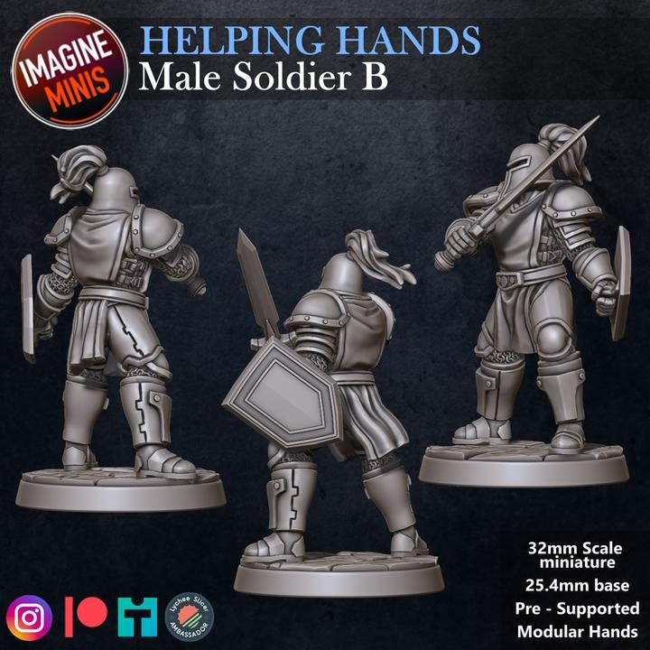 Male Soldier, Pose B - Helping Hands Set - 32mm Scale - Unpainted Miniature for DnD, Pathfinder, Tabletop RPGs - Imagine Minis