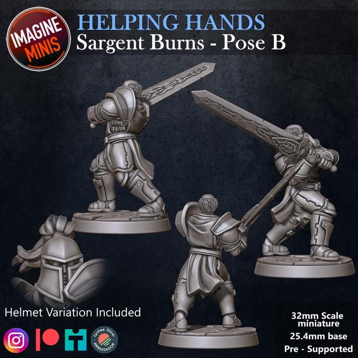 Sergeant Burns, Attacking Pose - Helping Hands Set - 32mm Scale - Unpainted Miniature for DnD, Pathfinder, Tabletop RPGs - Imagine Minis
