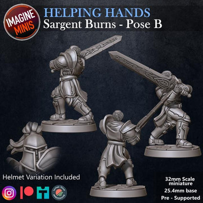 Sergeant Burns, Attacking Pose - Helping Hands Set - 32mm Scale - Unpainted Miniature for DnD, Pathfinder, Tabletop RPGs - Imagine Minis