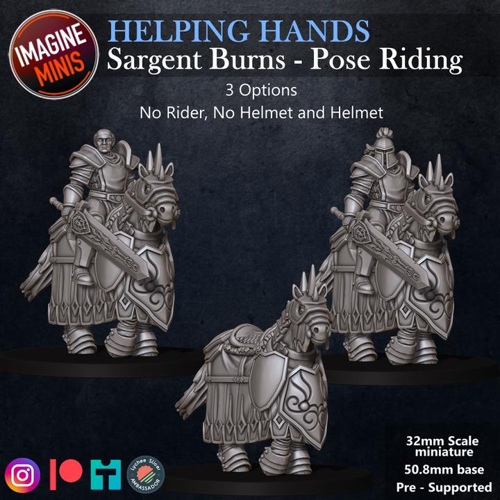 Sergeant Burns, Mounted - Helping Hands Set - 32mm Scale - Unpainted Miniature for DnD, Pathfinder, Tabletop RPGs - Imagine Minis