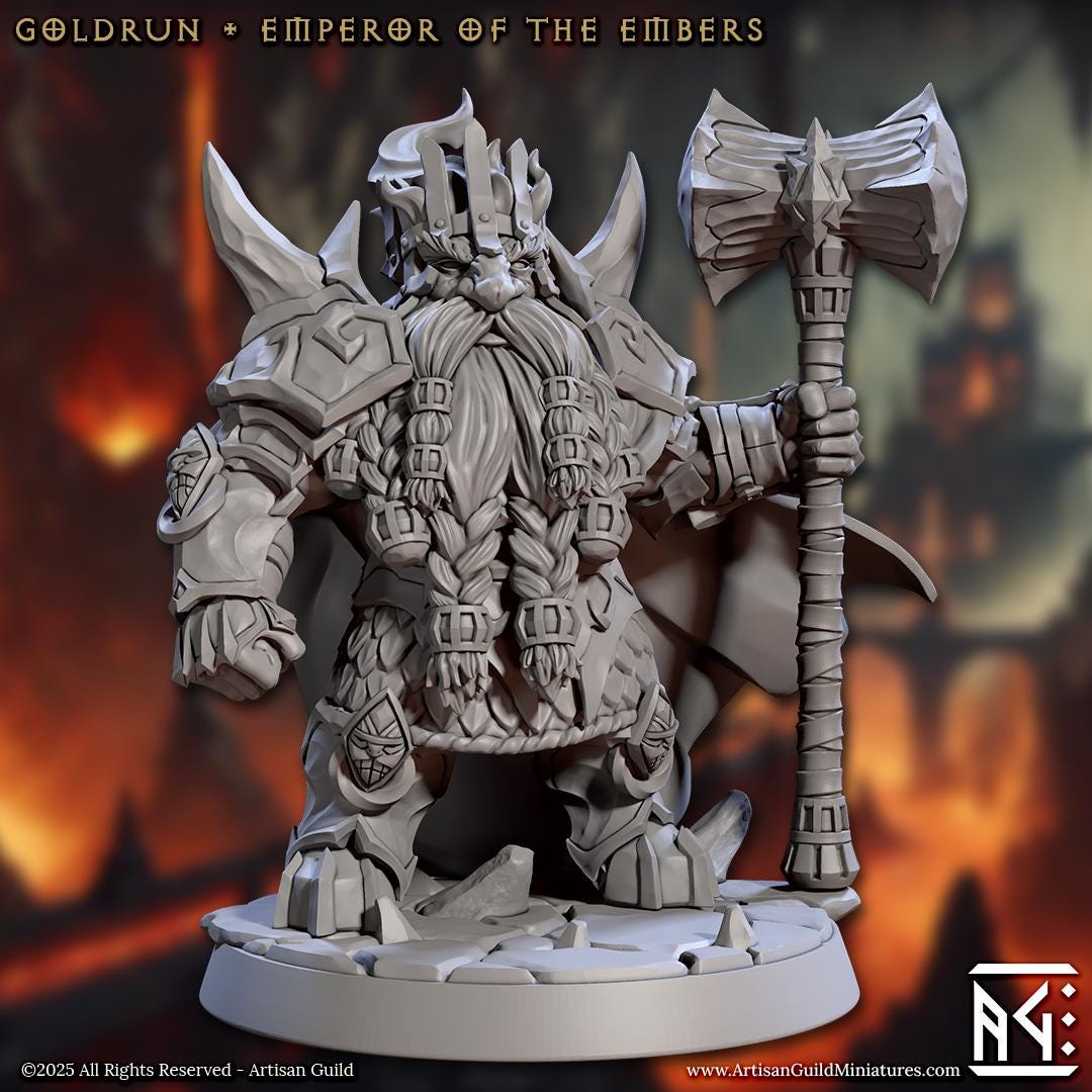 Goldrun, Emperor of Emperors, Magmaforged Dwarves - 32mm Scale - Unpainted Miniature for DnD, Pathfinder, Tabletop RPGs - Artisan Guild