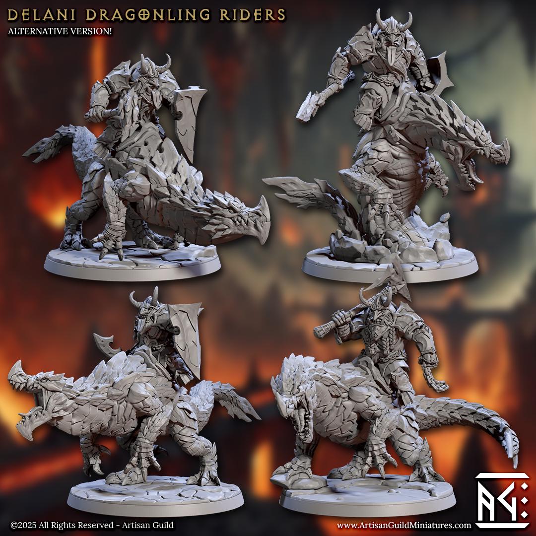 Delani Dragonling Riders, Magmaforged Dwarves - 32mm Scale - Unpainted Miniature for DnD, Pathfinder, Tabletop RPGs - Artisan Guild