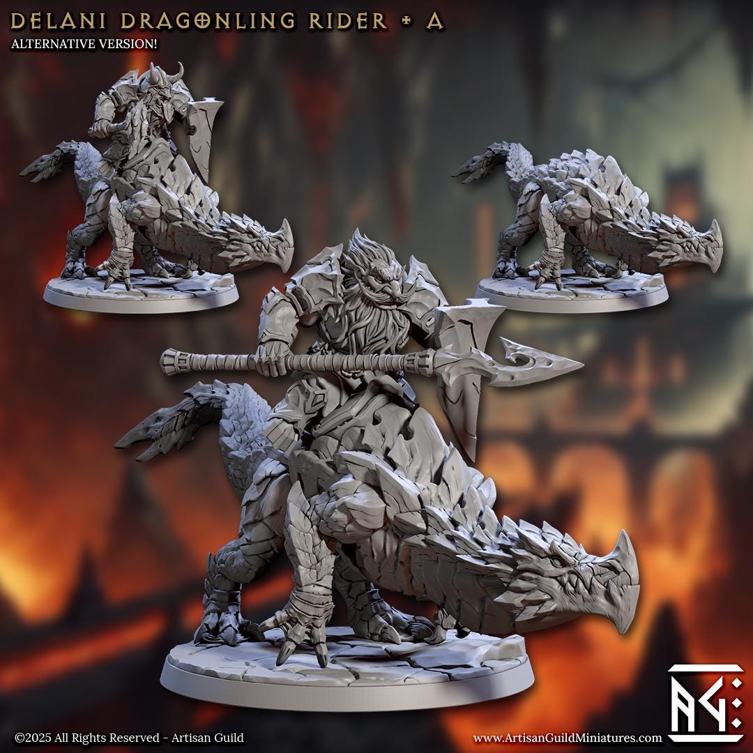 Delani Dragonling Riders, Magmaforged Dwarves - 32mm Scale - Unpainted Miniature for DnD, Pathfinder, Tabletop RPGs - Artisan Guild