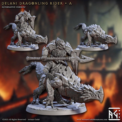 Delani Dragonling Riders, Magmaforged Dwarves - 32mm Scale - Unpainted Miniature for DnD, Pathfinder, Tabletop RPGs - Artisan Guild
