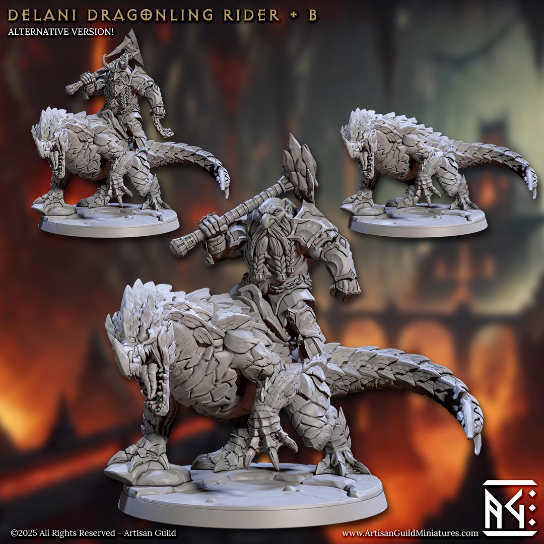 Delani Dragonling Riders, Magmaforged Dwarves - 32mm Scale - Unpainted Miniature for DnD, Pathfinder, Tabletop RPGs - Artisan Guild