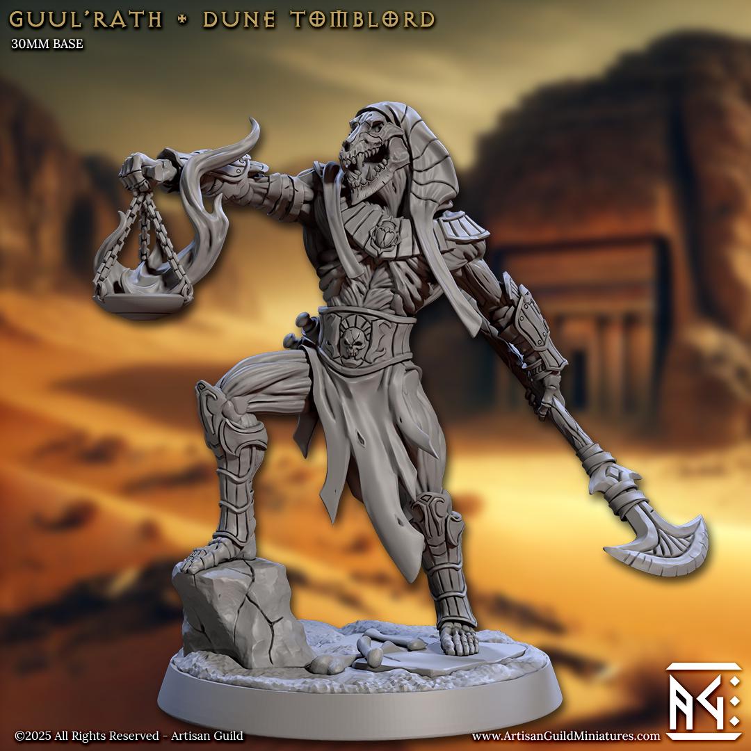 Dune Tomblord, Guul'rath, Tombsworn Skeletons Denmora - 32mm Scale - Unpainted Miniature for DnD, Pathfinder, Tabletop RPGs - Artisan Guild