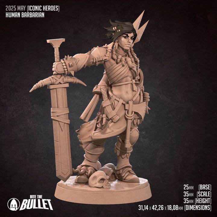 Human Barbarian - 32mm, 35mm Scale - Unpainted Miniature for DnD, Pathfinder, Tabletop RPGs - Bite the Bullet