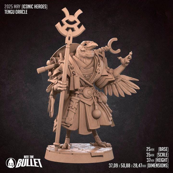 Kenku Druid, Tengu Oracle - 32mm, 35mm Scale - Unpainted Miniature for DnD, Pathfinder, Tabletop RPGs - Bite the Bullet