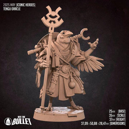 Kenku Druid, Tengu Oracle - 32mm, 35mm Scale - Unpainted Miniature for DnD, Pathfinder, Tabletop RPGs - Bite the Bullet