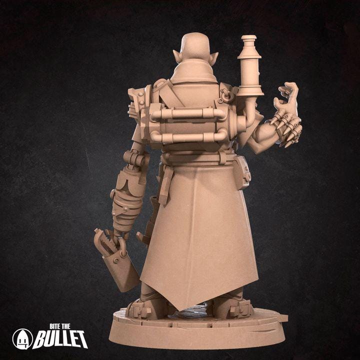 Half Orc Inventor, Artificer with Robot - 32mm, 35mm Scale - Unpainted Miniature for DnD, Pathfinder, Tabletop RPGs - Bite the Bullet