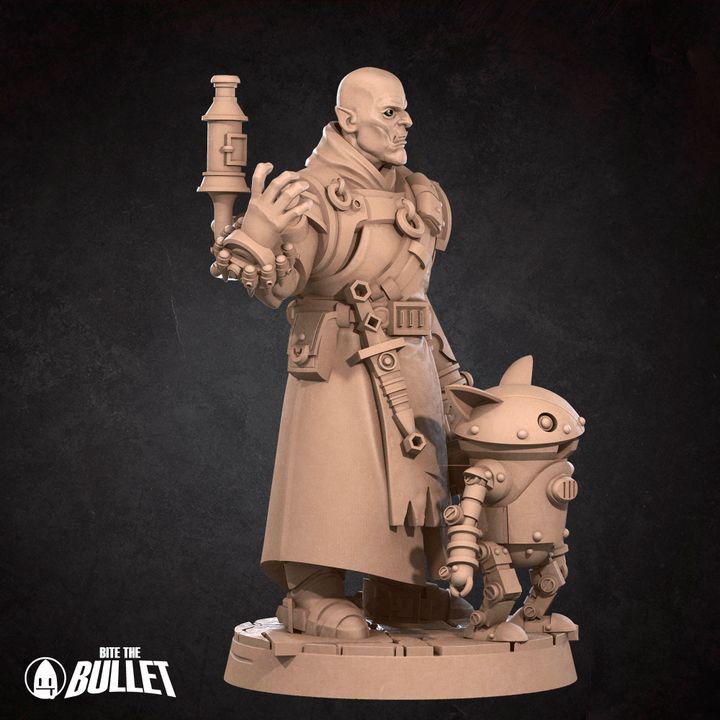 Half Orc Inventor, Artificer with Robot - 32mm, 35mm Scale - Unpainted Miniature for DnD, Pathfinder, Tabletop RPGs - Bite the Bullet