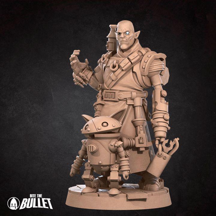 Half Orc Inventor, Artificer with Robot - 32mm, 35mm Scale - Unpainted Miniature for DnD, Pathfinder, Tabletop RPGs - Bite the Bullet