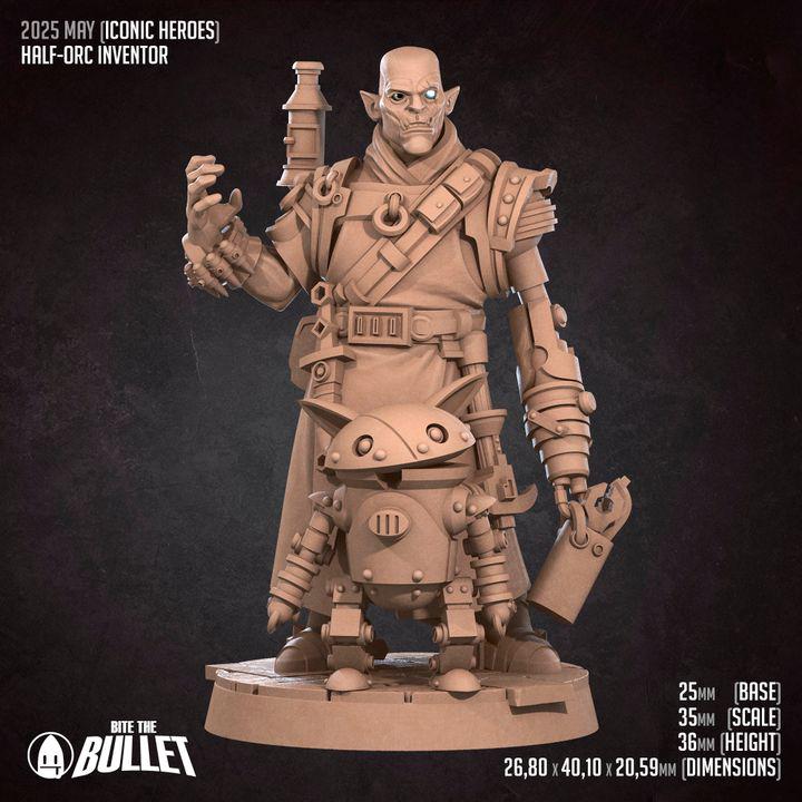 Half Orc Inventor, Artificer with Robot - 32mm, 35mm Scale - Unpainted Miniature for DnD, Pathfinder, Tabletop RPGs - Bite the Bullet