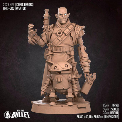 Half Orc Inventor, Artificer with Robot - 32mm, 35mm Scale - Unpainted Miniature for DnD, Pathfinder, Tabletop RPGs - Bite the Bullet