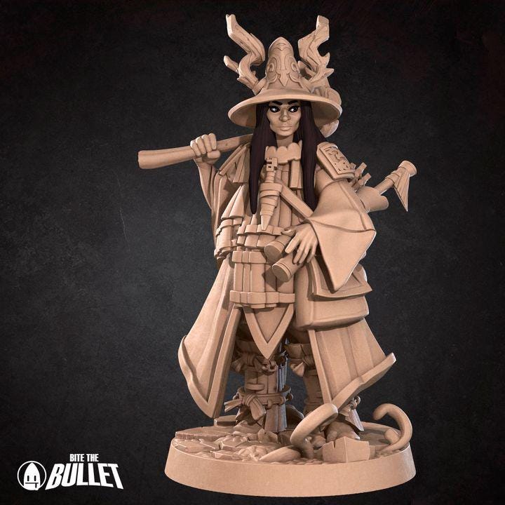 Human Animist, Human Druid with Deer - 32mm, 35mm Scale - Unpainted Miniature for DnD, Pathfinder, Tabletop RPGs - Bite the Bullet