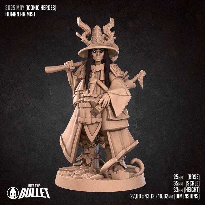 Human Animist, Human Druid with Deer - 32mm, 35mm Scale - Unpainted Miniature for DnD, Pathfinder, Tabletop RPGs - Bite the Bullet