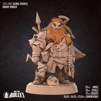 Dwarf Ranger- 32mm, 35mm Scale - Unpainted Miniature for DnD, Pathfinder, Tabletop RPGs - Bite the Bullet