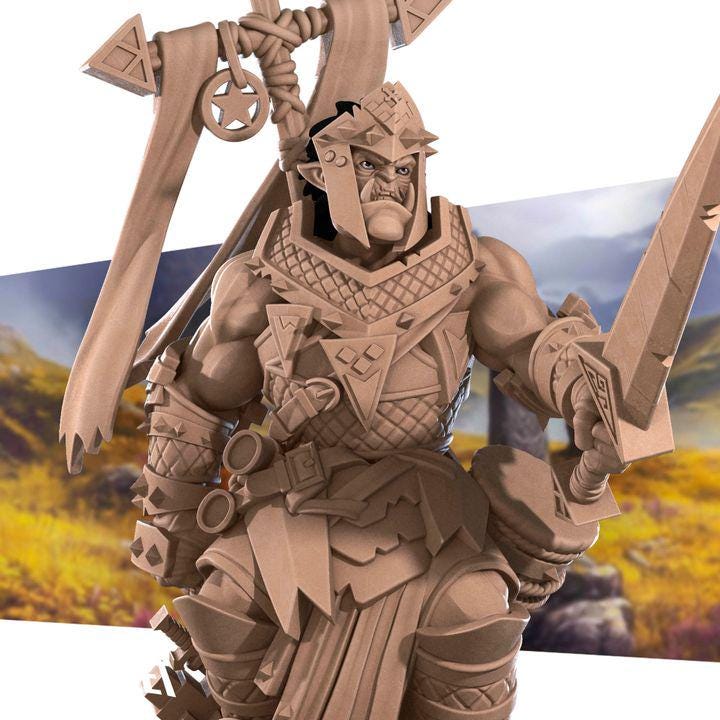 Half Orc War Priest, Paladin - 32mm, 35mm Scale - Unpainted Miniature for DnD, Pathfinder, Tabletop RPGs - Bite the Bullet
