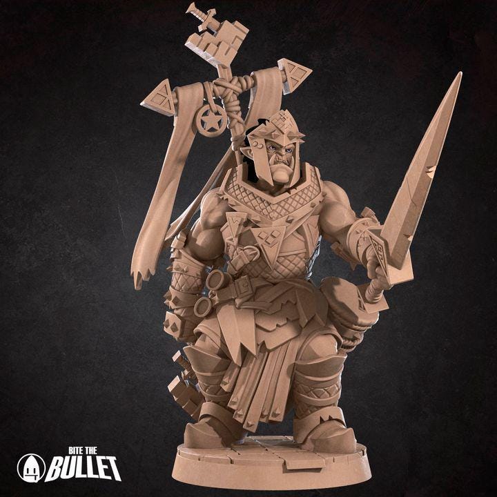 Half Orc War Priest, Paladin - 32mm, 35mm Scale - Unpainted Miniature for DnD, Pathfinder, Tabletop RPGs - Bite the Bullet