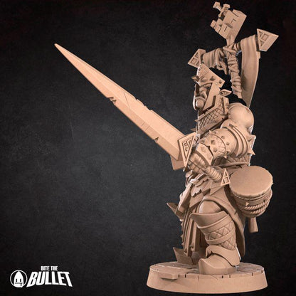 Half Orc War Priest, Paladin - 32mm, 35mm Scale - Unpainted Miniature for DnD, Pathfinder, Tabletop RPGs - Bite the Bullet