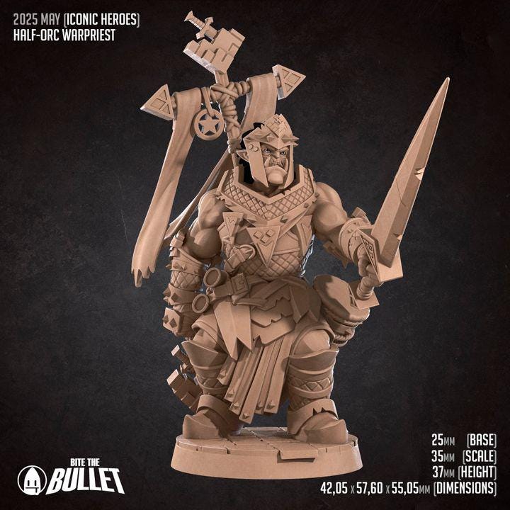 Half Orc War Priest, Paladin - 32mm, 35mm Scale - Unpainted Miniature for DnD, Pathfinder, Tabletop RPGs - Bite the Bullet